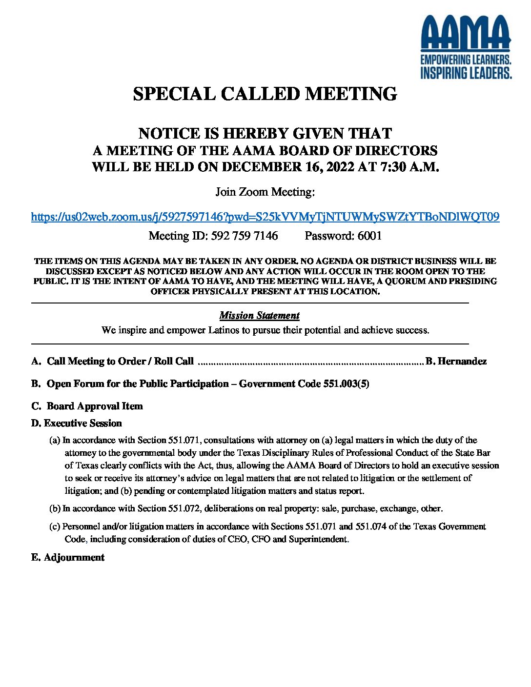 AAMA Special Called Mtg_Board Agenda_12.16.2022 Association for the